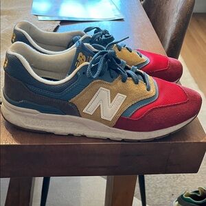 New Balance Red, Blue, and Tan Sneakers